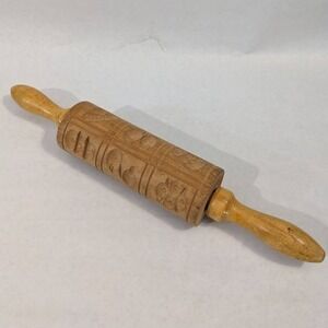 Vintage Wooden Springerle Rolling Pin Carved Bird Butterfly Flower Cookie Mold